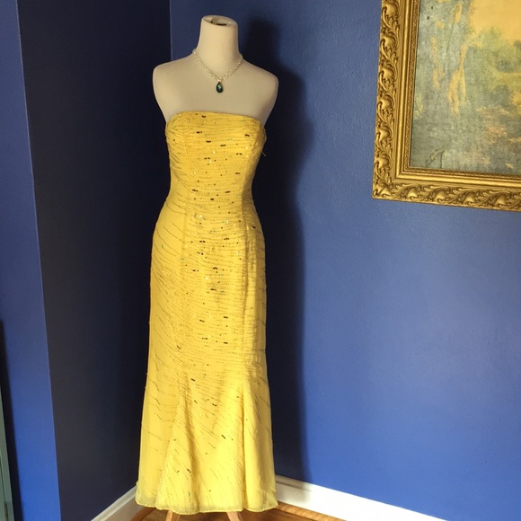 Vintage Y2K sparkly prom homecoming gown dress buttercup yellow beaded sequins - Picture 4 of 16